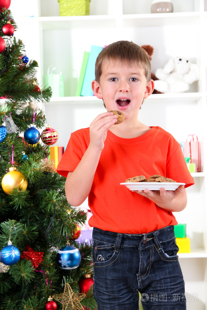 小男孩圣诞树附近吃饼干