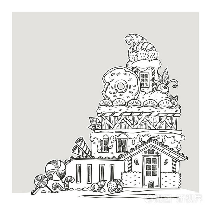 可爱的卡通城堡, 由糖果, 糖果和 cookines, 页为您的着色书插画