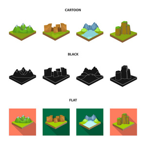 山, 岩石和风景。浮雕和山脉集合图标在卡通, 黑色, 平面式等距矢量符号股票插画网站
