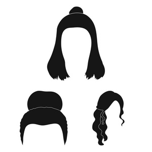 女性发型黑色图标集合中的设计。时尚发型矢量符号股票网页插图