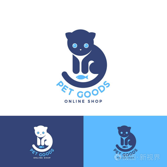 宠物餐和玩具在线商店一个可爱的猫与鱼玩具与字母.标识, 单色版本