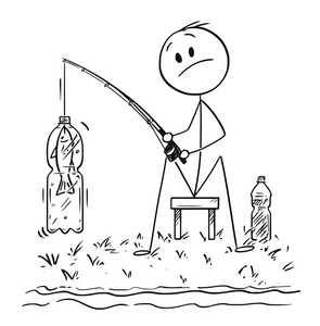 在河边或湖岸边捕鱼的人或渔夫的卡通片在塑料瓶中捕到一条鱼