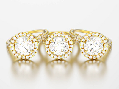 3d 插图三黄金订婚结婚钻戒钻石戒指