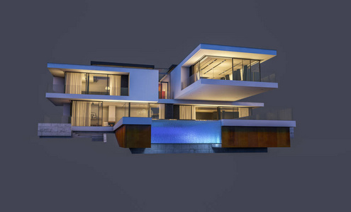 3d. 在晚上使用车库出售或出租, 渲染现代舒适的房子。在灰色上隔离
