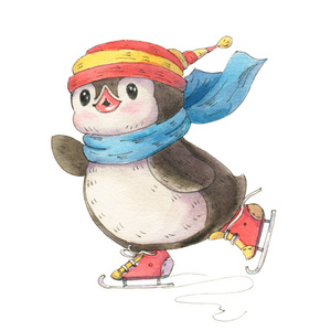 冬季插图与滑稽卡通企鹅在一个白色背景上的溜冰鞋孤立。水彩和墨水画