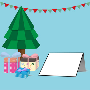 圣诞松树, 礼品盒和空贺卡矢量插图