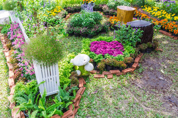 夏季舒适家庭花园中的白色木栅栏和花卉装饰