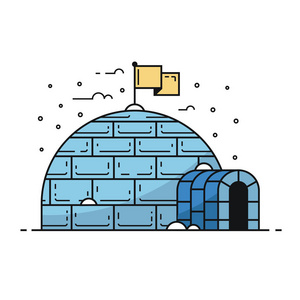 冬季的传统冰屋。建筑与雪堆和冰柱。平面设计中的冬宅插图