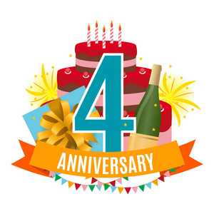 模板4周年祝贺, 贺卡与蛋糕, 礼品盒, 烟花和丝带邀请向量插图