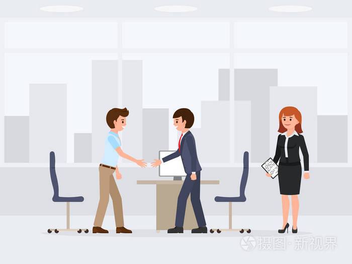 商务会议洽谈卡通人物.两个人握手的矢量图解
