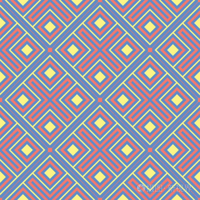 几何蓝色无缝图案。多色背景以红色和黄色设计为墙纸纺织品和织品