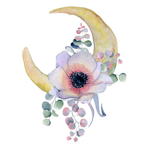 水彩构图与月亮和海葵花花束