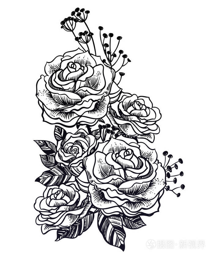 野玫瑰夏花, 新娘花束素描线条艺术风格