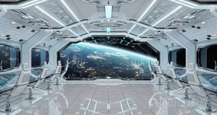 白色干净的太空飞船内部与看法在行星地球3d渲染元素这张图片由nasa