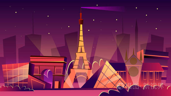 巴黎夜景矢量卡通插画
