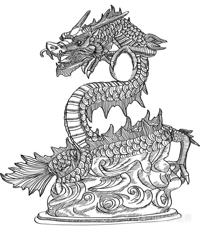 中国风格龙雕像矢量线向上速写eps10