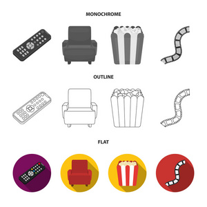 控制面板, 一张扶手椅, 爆米花。电影和电影集合图标在平面, 轮廓, 单色风格矢量符号股票插画网站
