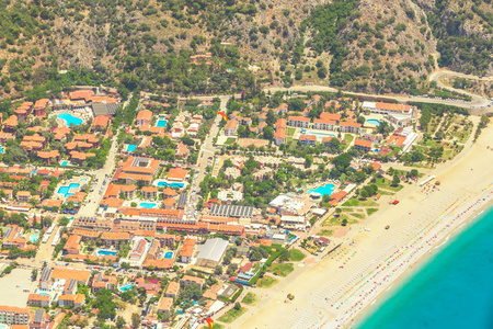 费特希耶, 土耳其全景 Belcekiz 海滩景观。Oludeniz, 蓝色泻湖费特希耶从空中无人机。地中海海岸