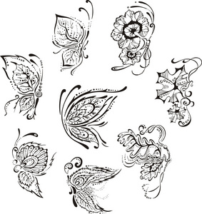 观赏花卉蝴蝶手绘矢量莲花集,矢量插图,观赏民族佩斯利.