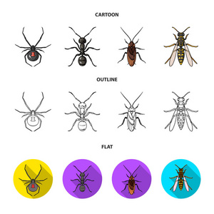 蜘蛛, 蚂蚁, 黄蜂, 蜜蜂。昆虫集合图标在卡通, 轮廓, 平面风格矢量符号股票插画网站