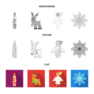 圣诞蜡烛, 鹿, 天使和雪花平, 轮廓, 单色图标集合为设计。圣诞节矢量符号股票网页插图