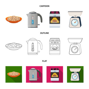 厨房设备卡通, 轮廓, 平面图标集集合为设计。厨房和配件矢量符号股票 web 插图