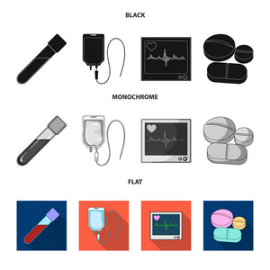 片剂等设备。医学集合图标黑色, 平, 单色风格矢量符号股票插画网站