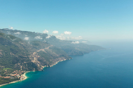 费特希耶, 土耳其全景 Belcekiz 海滩景观。Oludeniz, 蓝色泻湖费特希耶从空中无人机。地中海海岸