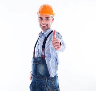 一名建筑工人用安全帽编造的拇指的肖像