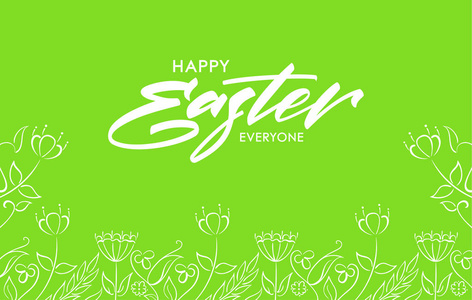 带手写字体的复活节快乐的贺卡和手绘的鲜花在绿色背景下