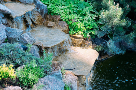 漂亮的小人工池塘边上有喷泉和睡莲。景观设计