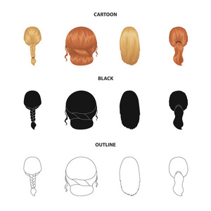 轻辫子, 鱼尾巴和其他类型的发型。背发型集图标在卡通, 黑色, 轮廓风格矢量符号股票插画网站