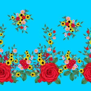 花纹无缝图案水平边框。红色的大玫瑰, 绿叶, 黄色的花朵