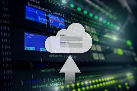 云存储, 数据访问, 登录和密码请求窗口在服务器室的背景。互联网与技术理念