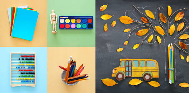 回到学校拼贴画的概念。学校物品和供应与教室黑板