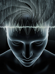 心波系列。在意识大脑智力和人工智能的学科上, 人类头部3d 图解和技术符号的编排