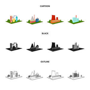 加工厂, 冶金厂。工厂和行业集合图标在卡通, 黑色, 轮廓样式等距矢量符号股票插画网站