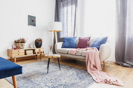 木凳与玻璃花瓶在图案地毯旁边的沙发与粉红色的毯子在舒适的客厅内部与乡村橱柜