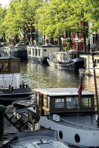 在阿姆斯特丹运河岸边, 壮丽的小船变成了房屋。