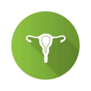 子宫, 输卵管和平面设计长阴影字形图标。女性生殖系统。矢量剪影插图