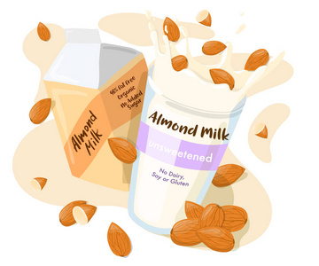 杏仁牛奶在一包和飞溅与整个杏仁在一个玻璃媒介广告海报。健康饮食卡通插图在白色背景下隔离