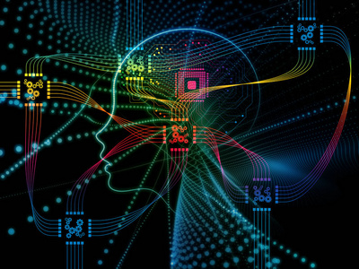 Cpu 情怀系列。背景下人脸的轮廓和技术符号，以补充您关于计算机科学 人工智能和通讯的设计