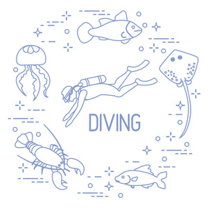 潜水员, 水母, 龙虾, 刺魟, 鱼。体育休闲主题