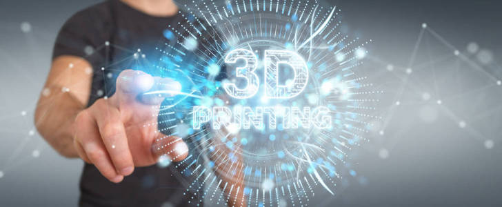 在模糊背景下的商人使用3d 打印数字全息图3d 渲染