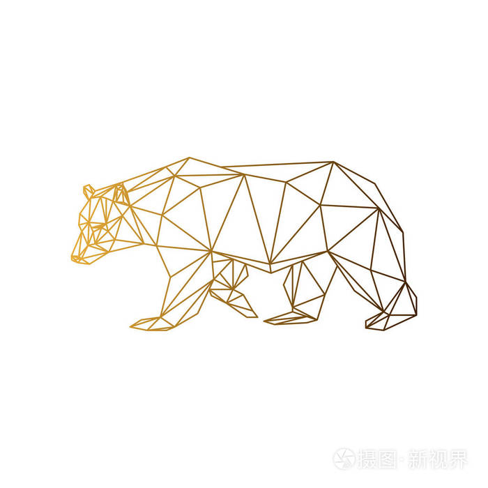几何低聚熊旗.抽象轮廓多边形动物.在白色背景上的孤立三角形熊.金色