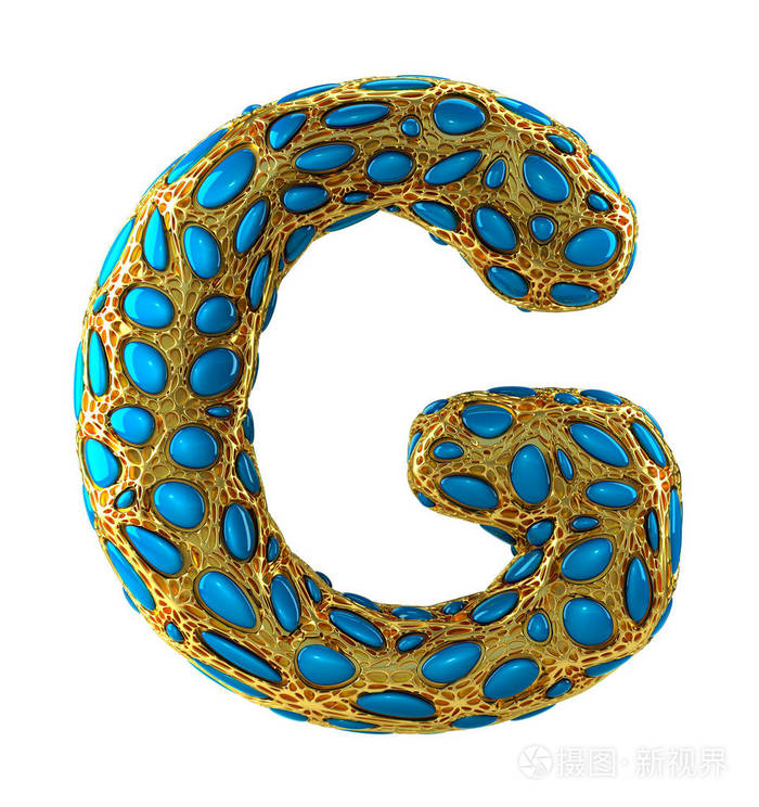 金色闪亮的金属3d 蓝色玻璃符号大写字母 g 大写在白色隔离