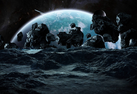 宇航员与太空飞船探索在太空中的小行星3d 渲染元素的这幅图片由 Nasa 提供