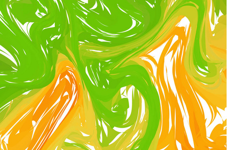 抽象墨迹背景。大理石风格。橙色, 绿色, 黄色墨水在水中。流体彩色形状背景