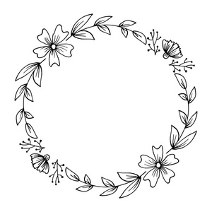 由圆形组成的花框.手工画的植物和花朵.草绘样式, 单色向量例证照片