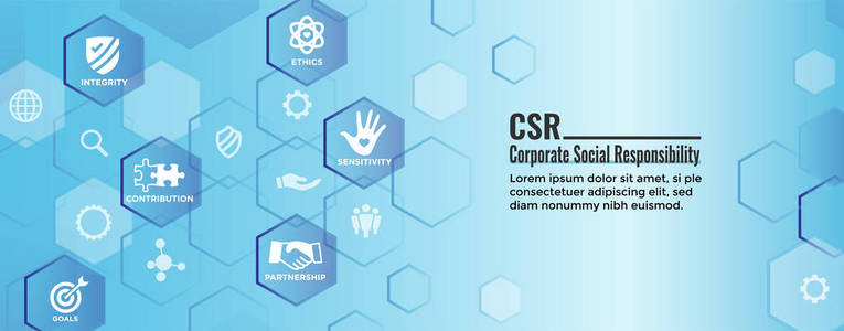 Csr企业社会责任网页横幅带有图标集 w 诚实, 正直, 协作等